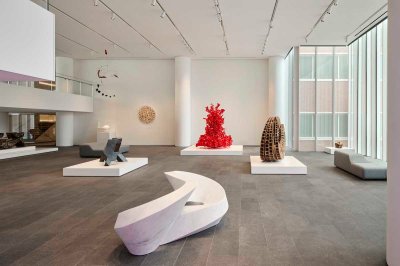 An atrium with sculptures in it.