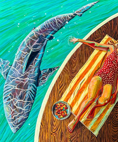 A bright, colorful painting shows a woman from above, lying on a wooden deck, dangling her hand over the edge into water, where a large shark is swimming.