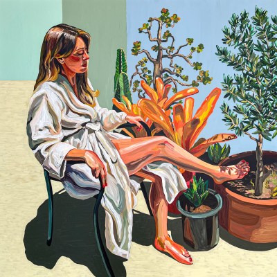 A painting shows a long-haired young woman in a white bathrobe, sitting in the sun, near several large potted plants