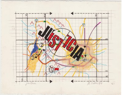 A print with the word 'JUSTICIA' in a crosshairs.