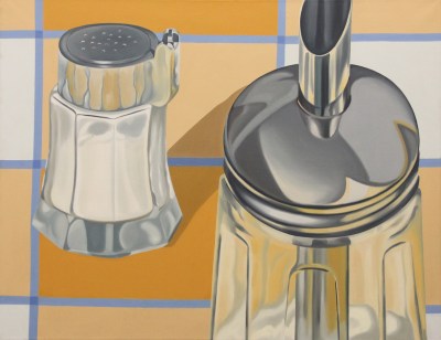 A painting of a salt shaker and sugar dispenser against a gridded background.