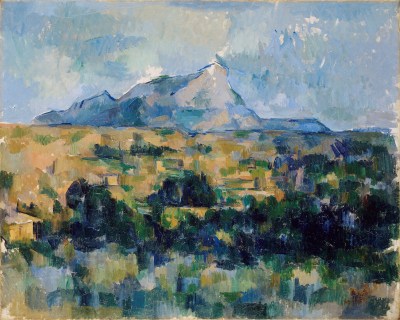 A painting of a mountain that is broken into squares of color.