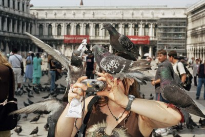 A woman holding up a camera while pigeons descend on her.