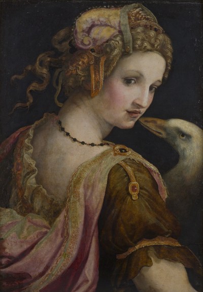 A painting of a woman with a swan.