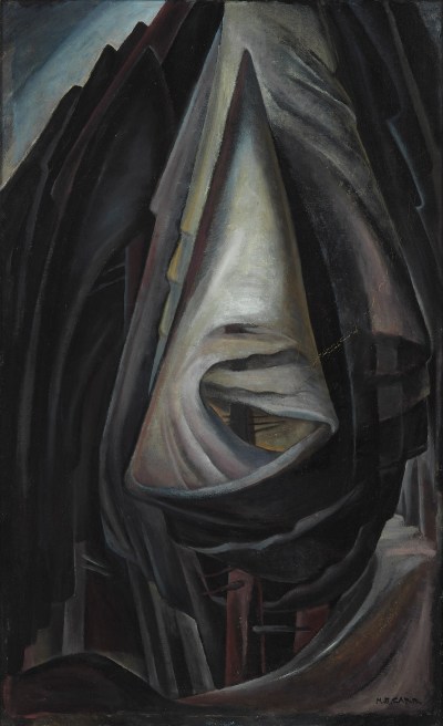 A painting of curved grey forms centered around a white mast-like form.