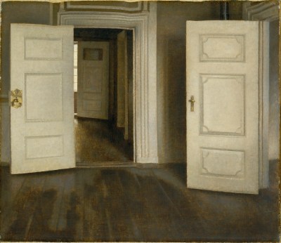 A painting of an empty room with two open doors.