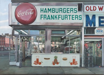 A painting of a hamburger shop's facade with a big Coca-Cola logo.