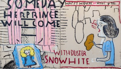 A painting of a woman shouting beneath the words 'HAPPY HOUSEWORK PTG.' A little girl can be seen beside words that read 'WITHDUSTR SNOWHITE.'