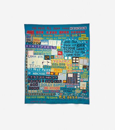A textile with various phrases on it.