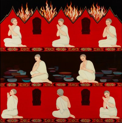 A painting of three rows of kneeling women with three fires above the top one.