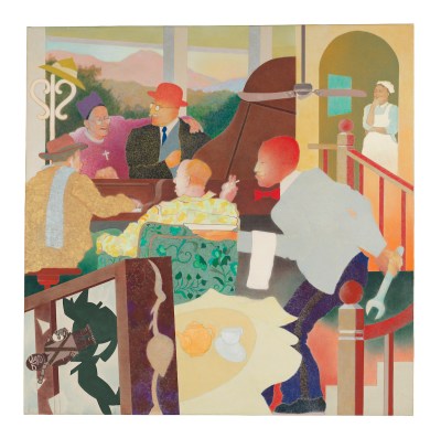 A painting of men seated around a table. One holds a cigarette in one hand. A bowtie-wearing waiter stands nearby with a wrench. Another waitress looks on near a fan.