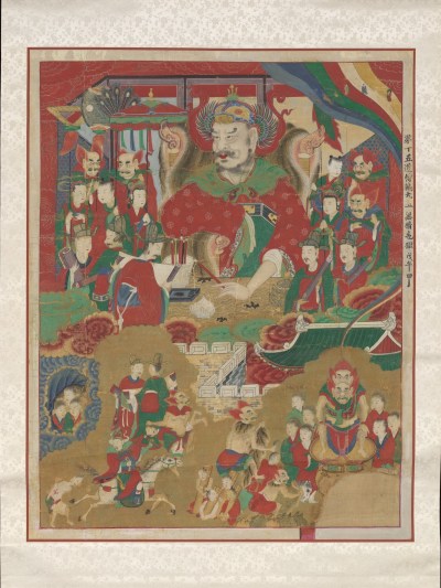 A painting of a man in a crown surrounded by various attendants.