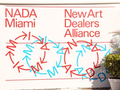 View of a sign that says NADA Miami and New Art Dealers Alliance. 
