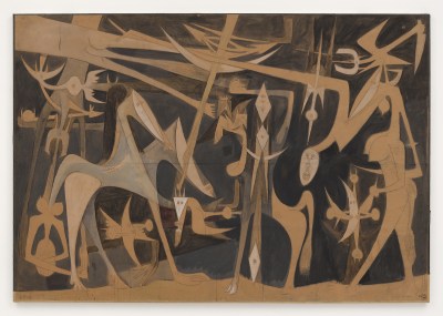 A painting of many elongated figures and horse-like beings.