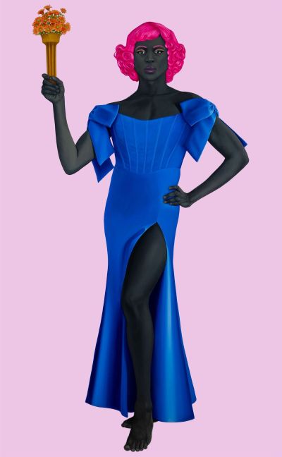 A woman holding a bouquet of flowers and posing as the Statue of Liberty.