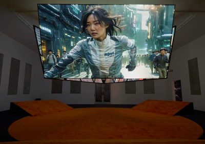 Three large hanging screens, with one showing a woman running through a city.