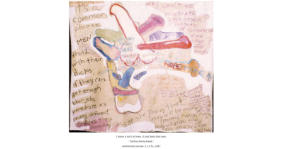 A painting of multiple phalluses and scrawled text.