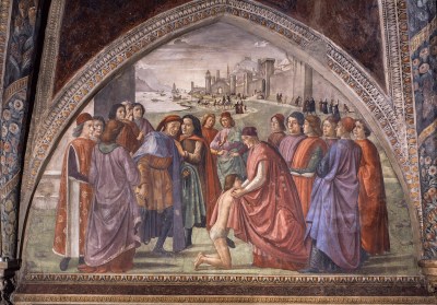 A painting of a robed figure with a supplicant man beneath him. Other robed figures look on.