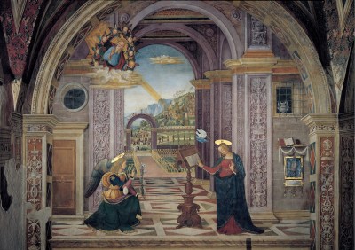 A painting of a woman at a podium with a woman kneeling in front of her.