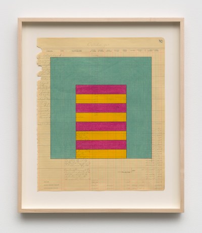 A ledger sheet with a blue square drawn onto it, along with lines of purple and yellow.