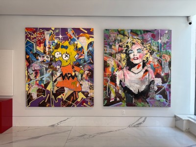 Paintings of Maggie Simpson and Marilyn Monroe.