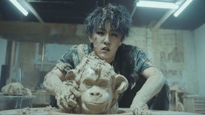 A man sculpts a monkey head out of sand.