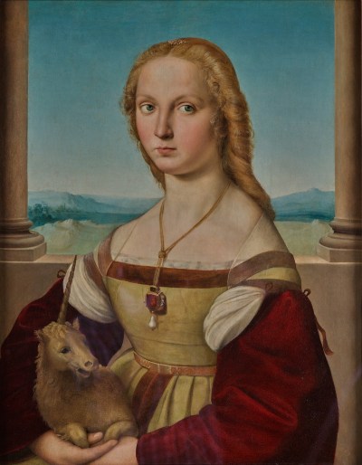 A painting of a woman holding a unicorn.