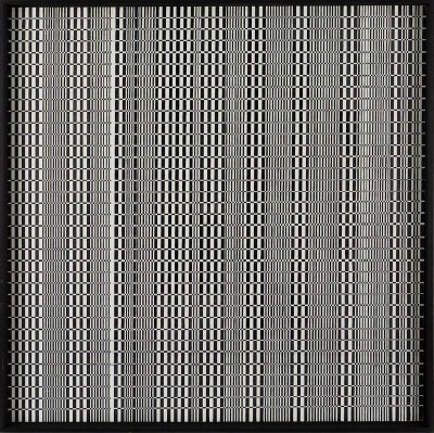 A painting of a rippling black and white grid.