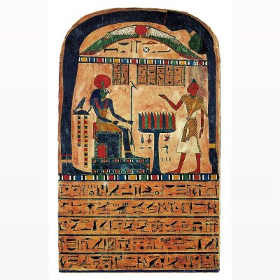 A stele showing a priest presenting an offering to the solar god Ra-Horakhty, the syncretic form of deities Horus and Ra. Below are hieroglyphics.