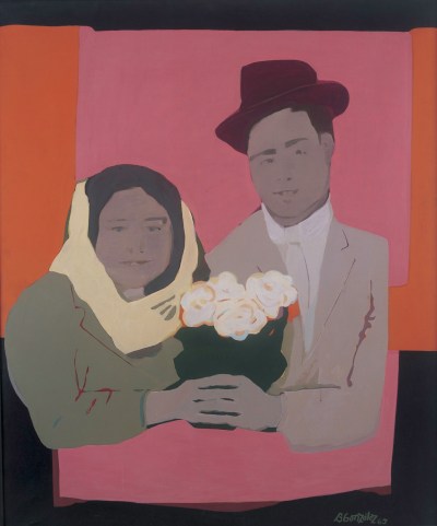 A painting of a woman and a man holding a vase with flowers.