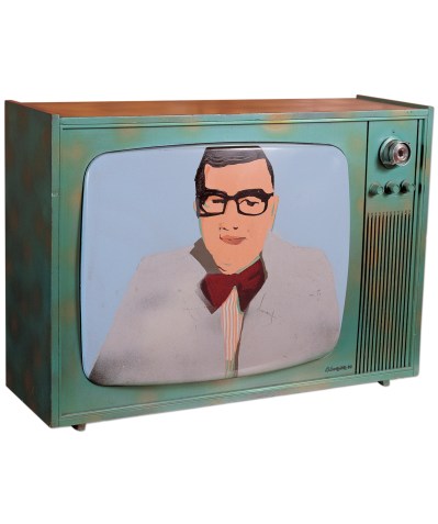 A painting of a man inside a TV monitor.