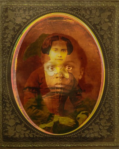 An artwork showing a photo of a Black girl that is superimposed on a young woman. 