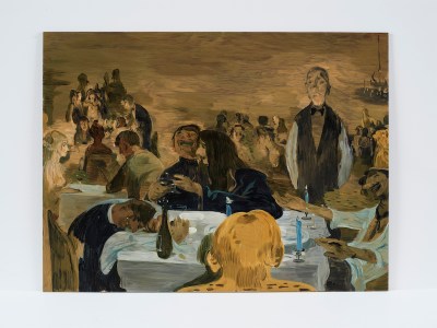 A brown-toned painting of a waiter standing at a table while people clink glasses and talk near a wine bottle. Other tables can be seen in the blurred background.