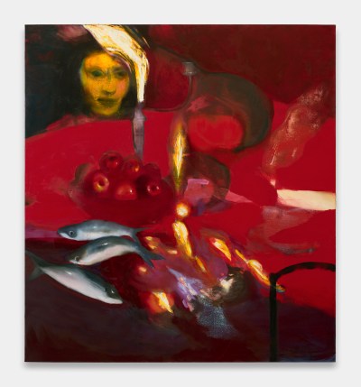 A painting of an abstracted female figure with fish in front of her.