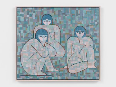 A painting of three nude women shown seated together. They appear to be made of unevenly shaped blue squares.