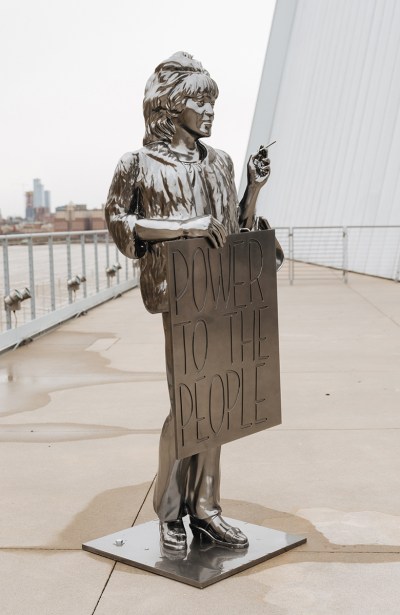Kiyan Williams, Statue of Freedom (Marsha P. Johnson), 2024. Installation view Whitney Biennial 2024, NY. CREDIT: Charlie Rubin for the New York Times.