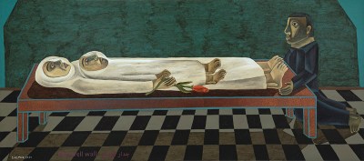 painting of two robed figures lying on a table