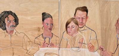 A painting of several people around a table, including one who holds an iPhone. Done on wood, the painting's two panels have a grain that is visible beneath the silhouettes of the people seen here.