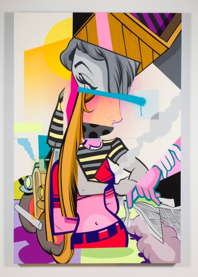 A brightly colored pop art-style painting combines several cartoon images of a woman