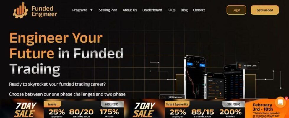 Funded Engineer homepage with a tech-focused design, crypto and futures trading options, and a challenge entry pricing table.