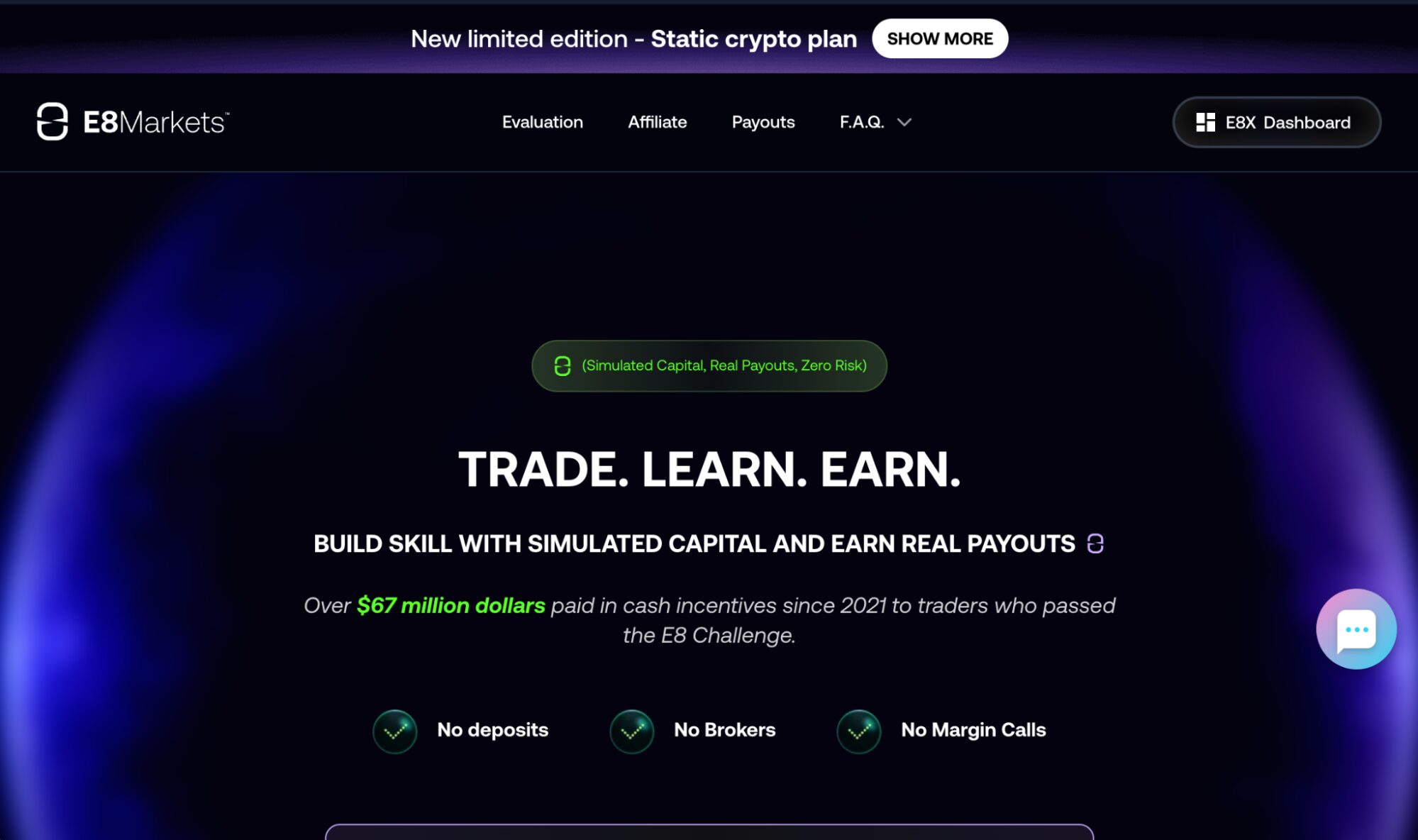E8 Funding website showing a clean white dashboard, challenge plan selector, and multiple trading platform logos including MT4 and MT5.