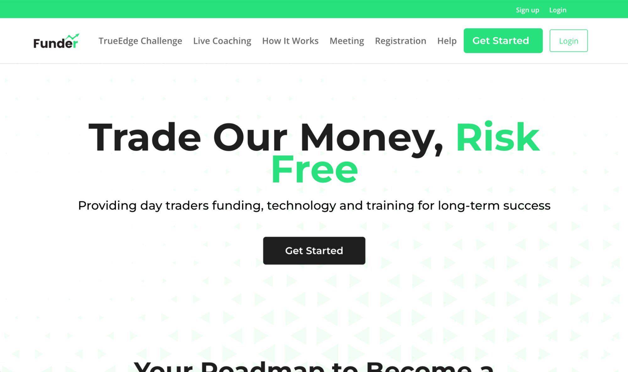 Funder Trading site featuring a crypto-first prop model, tiered challenges, and an account size range from $5,000 to $200,000.