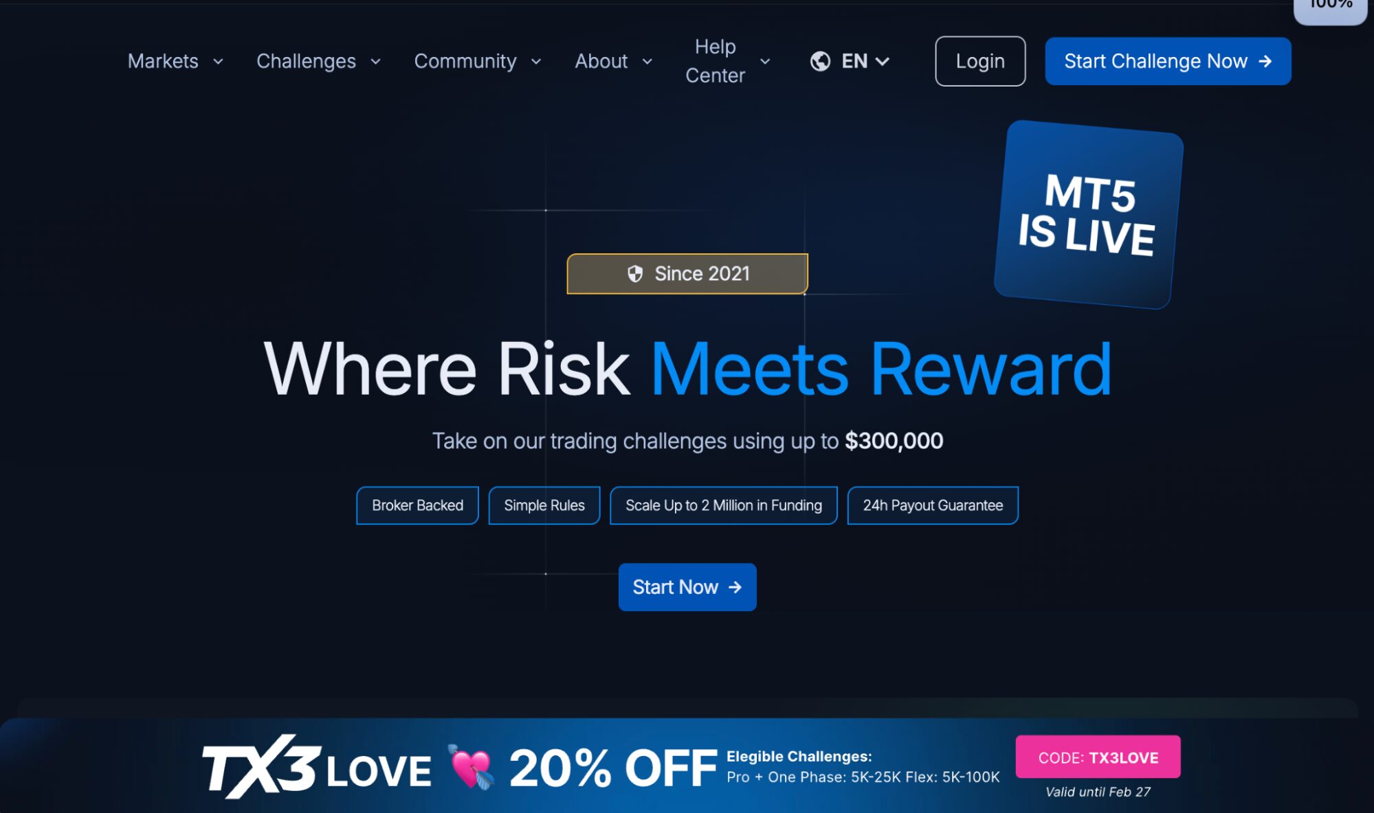 TopTier Trader homepage with a dark professional design, account size cards, and a headline emphasizing flexible trading rules.