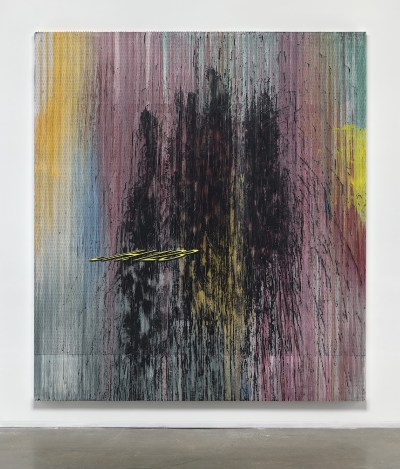 An abstract painting with a black pour hovering over a blotchy multicolored background. The words 'JH123' are superimposed over it.